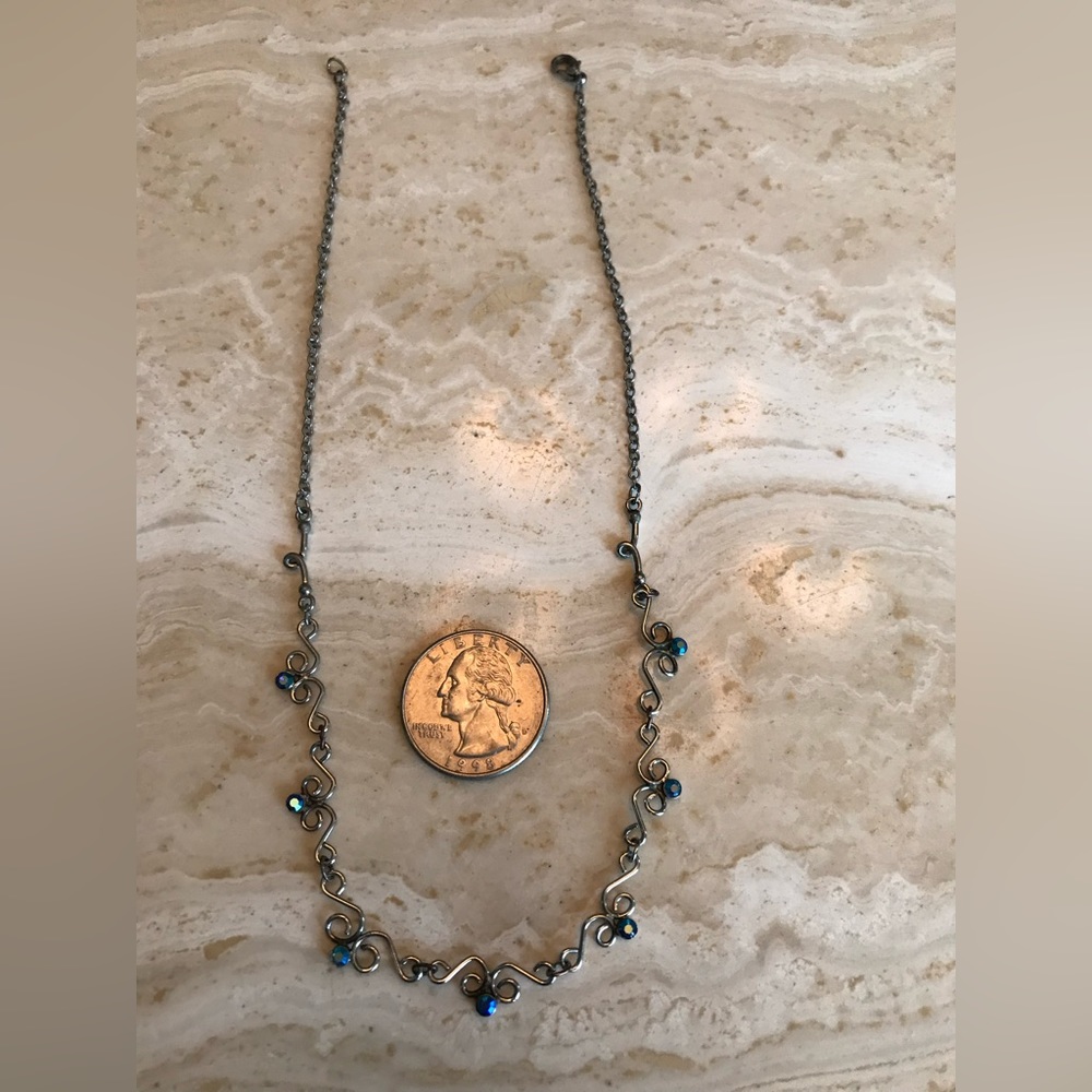 DAINTY SILVER TONE BLUE RHINESTONE NECKLACE